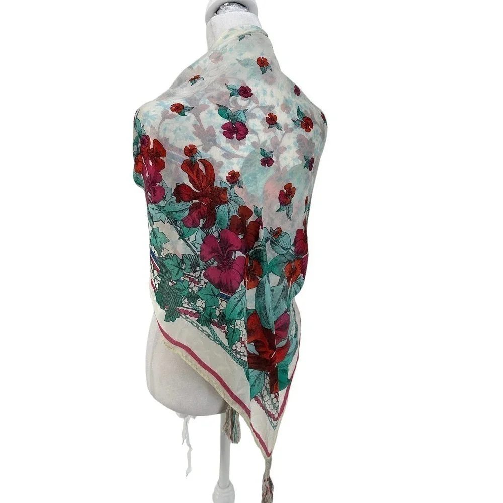 Johnny Was Large Silk Floral scarf shawl square Cover up oversized tassels pearl